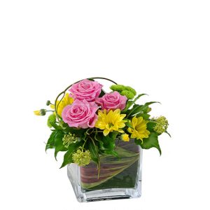 Petite square vase of flowers