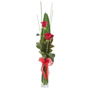 2 roses in an elegant flute vase